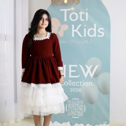 صورة فستان بناتي مخمل بياقة دانتيل | فستان شتوي بطبقات تل - 1106